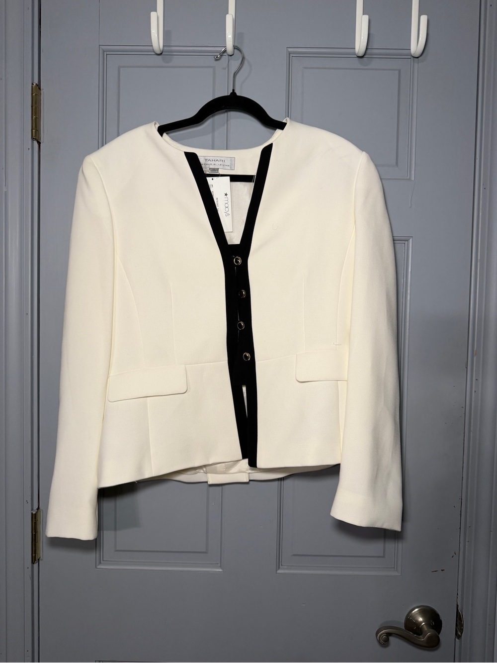 Tahari ASL Cream Jacket with Black Trim